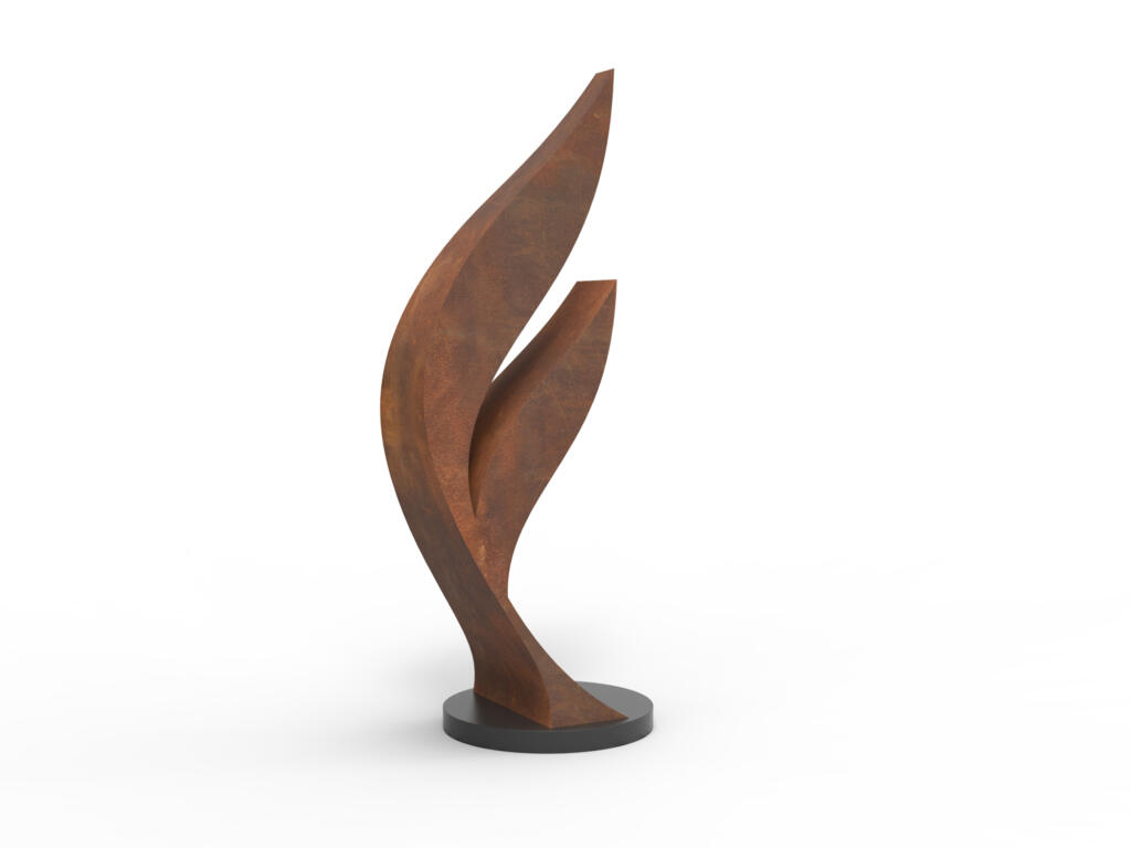 Dicot is a contemporary sculpture by Lump, crafted from Corten steel with a rusted patina and stainless steel details, inspired by the forms of plant seeds.