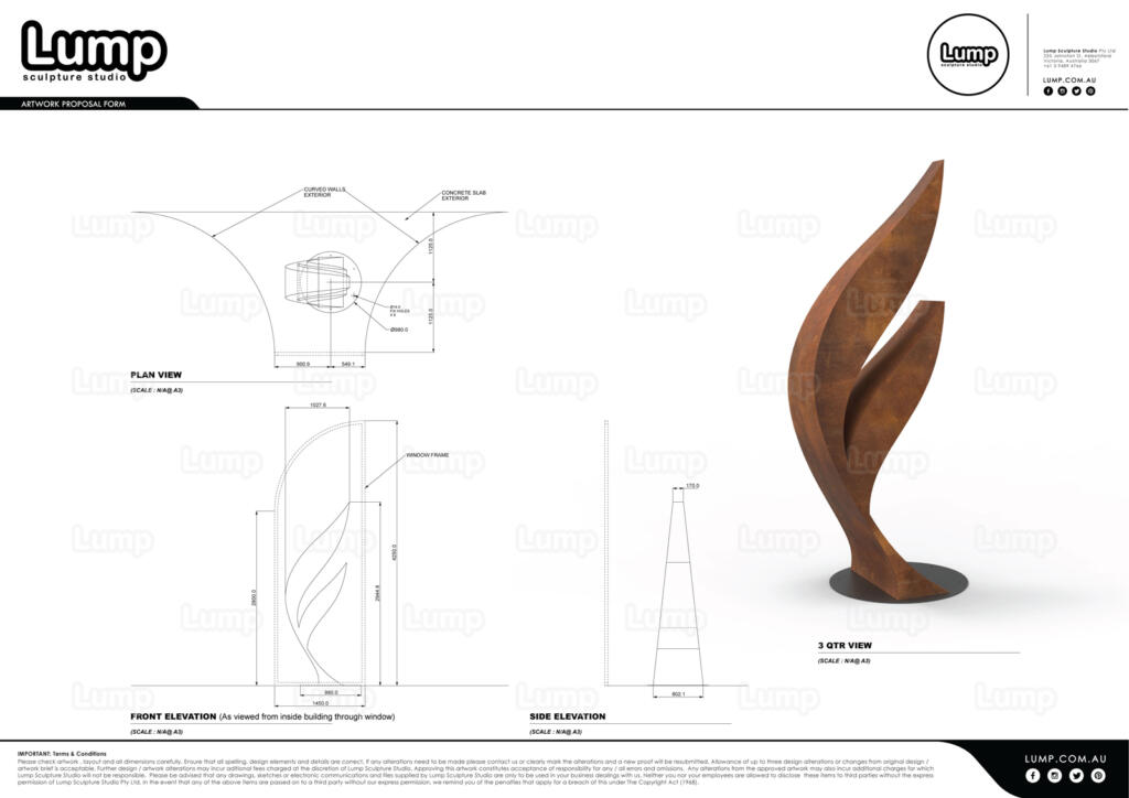 Dicot is a contemporary sculpture by Lump, crafted from Corten steel with a rusted patina and stainless steel details, inspired by the forms of plant seeds.