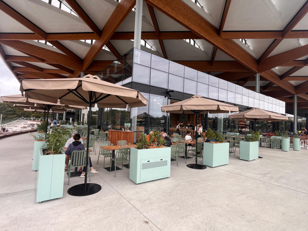 Powder coated aluminium custom rectangular planter by Lump Australia in architectural landscape setting