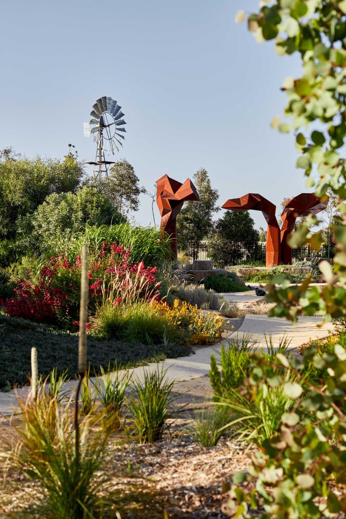Modern outdoor sculptures by Lump Studio featured in the Landscape designed by Phil Withers.