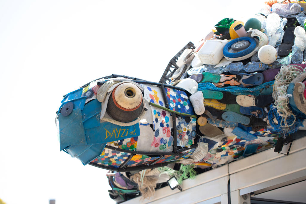 Large scale Turtle Sculpture made from plastic rubbish collected from Australian beaches; sculpture made by David Day and Lump Sculpture Studio for SodaStreamAu