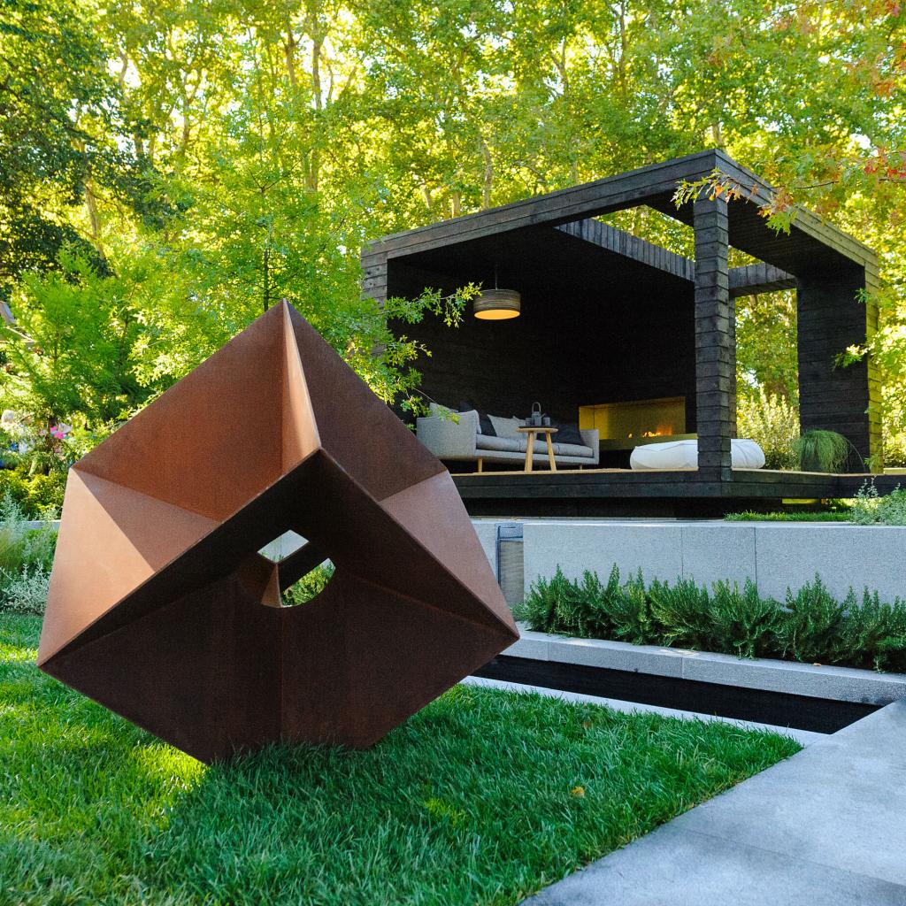Lump Sculpture Studio Cube Sculpture in corten steel with natural rusted finish featuring in Peta Donaldson’s Landscape Design at MIFGS 2014