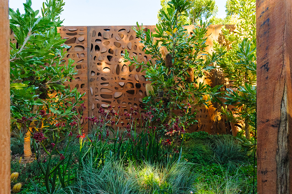 Lump Custom-Made Corten Steel Push Pull Screens featured in the Landscaping Victoria Garden MIFGS 2014
