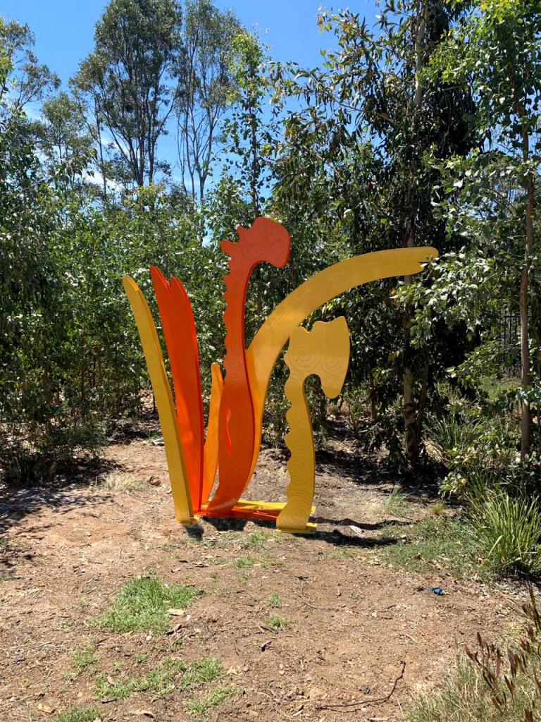 A sculpture in the garden at Gregory Hills designed by Danielle Mate Sullivan fabricated by Lump Sculpture Studio