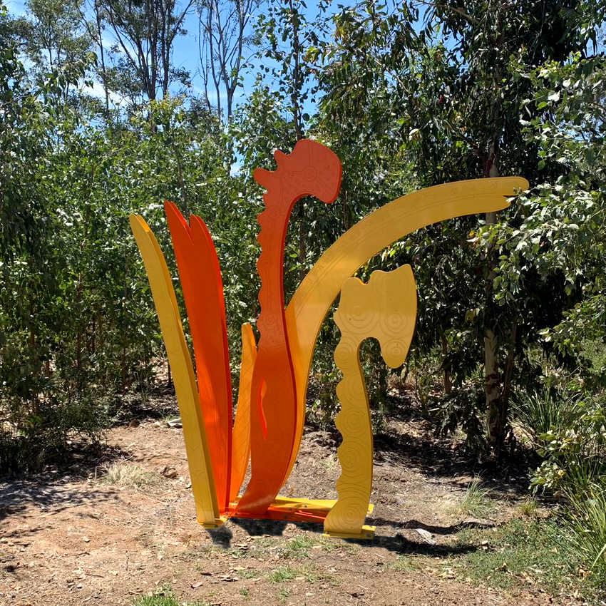 A sculpture in the garden at Gregory Hills designed by Danielle Mate Sullivan fabricated by Lump Sculpture Studio