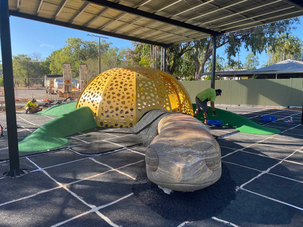 Playground in Katherine NT featuring large Turtle Shell Climbing Frame designed and fabricated by Lump Sculpture Studio for Katherine Hot Springs.
