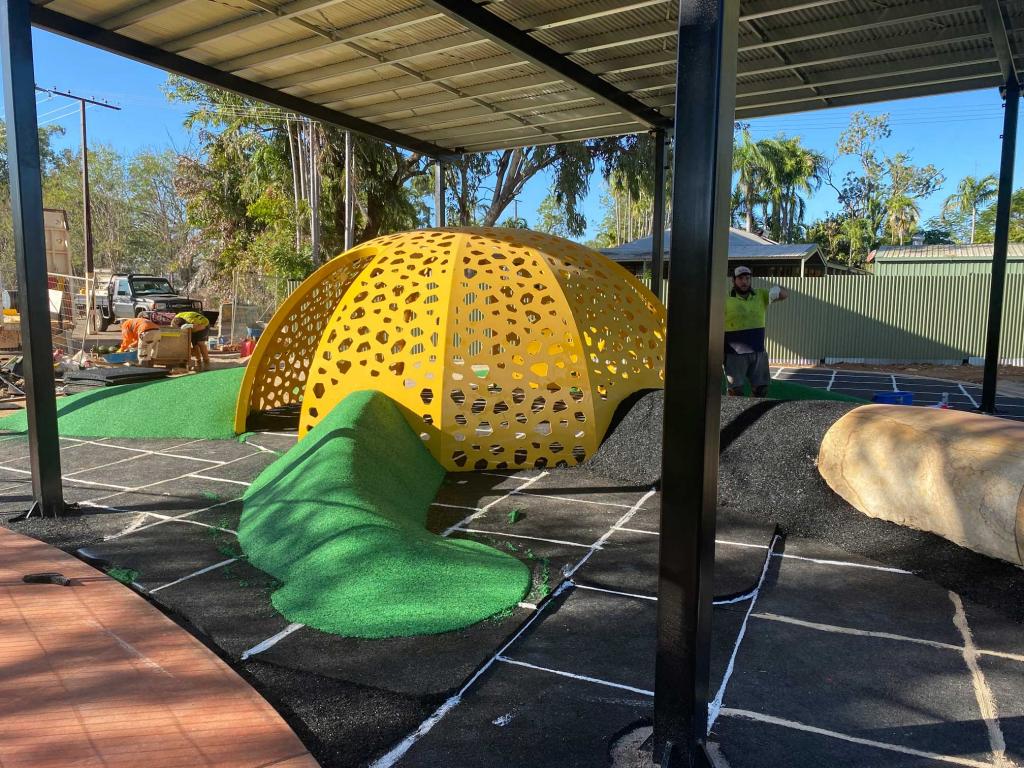 Playground in Katherine NT featuring large Turtle Shell Climbing Frame designed and fabricated by Lump Sculpture Studio for Katherine Hot Springs.