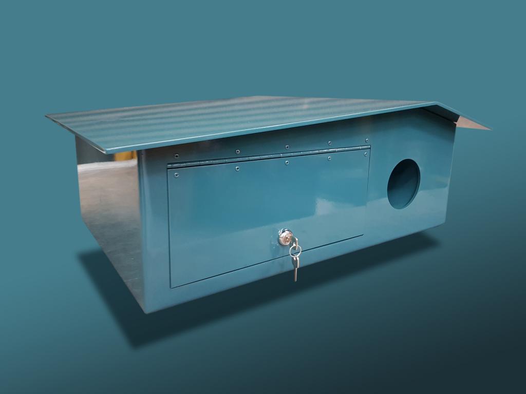 Custom made blue steel letterbox with retro detail and high gloss finish; designed by Lump Studio for The Block 2021