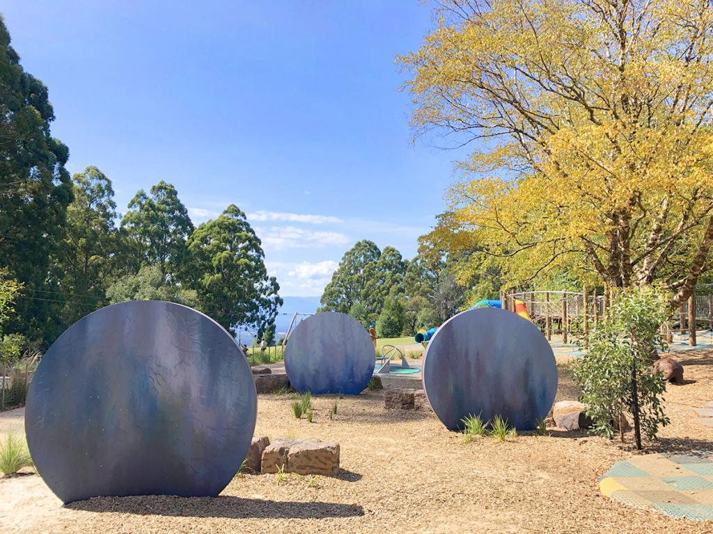 Olinda Golf Course Play Ground; New Play space with interactive artworks designed by Emma Jennings and fabricated by Lump Sculpture Studio;