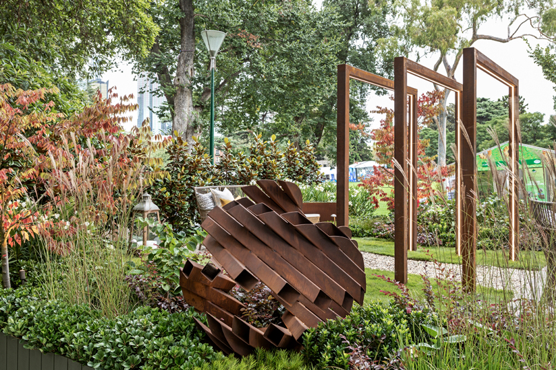 Melbourne International Flower Show 2022 Show Garden By Inge Jabara featuring sculpture by Lump Sculpture Studio