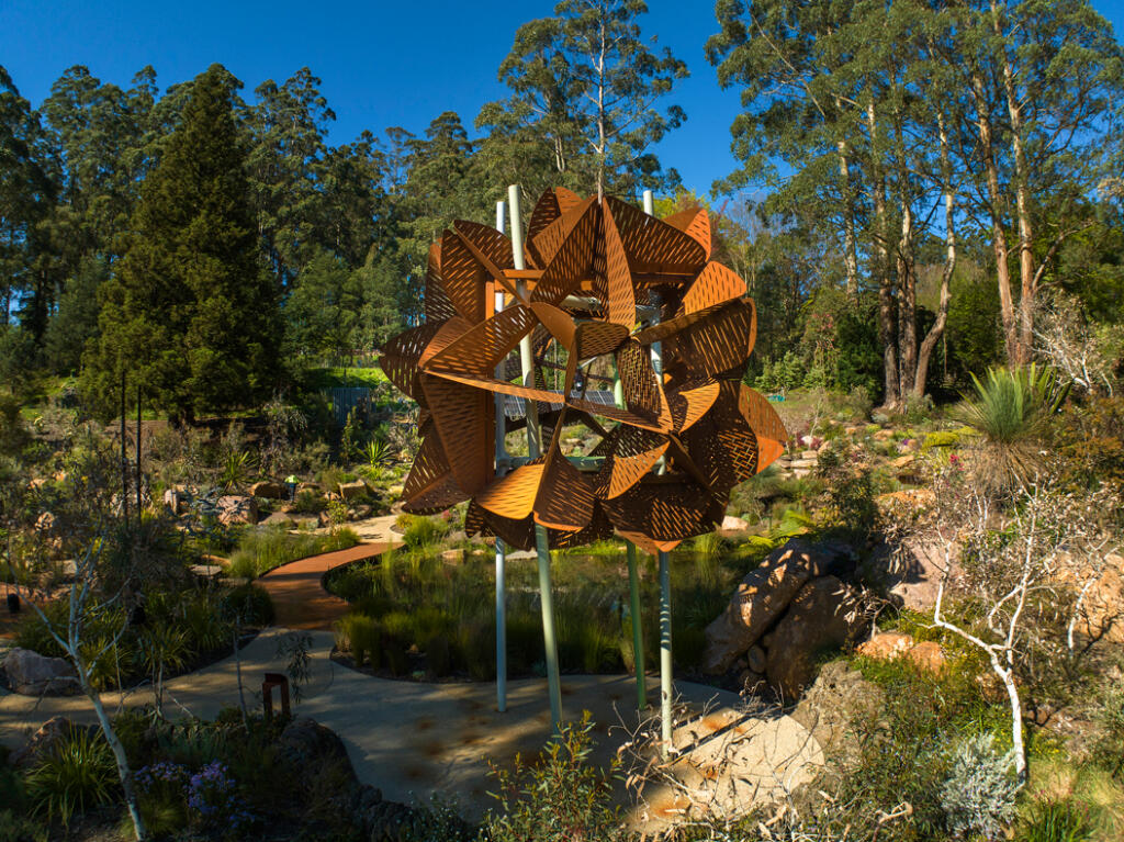 Large Corten steel sculpture The Waratah at the Chelsea Australia Garden Olinda