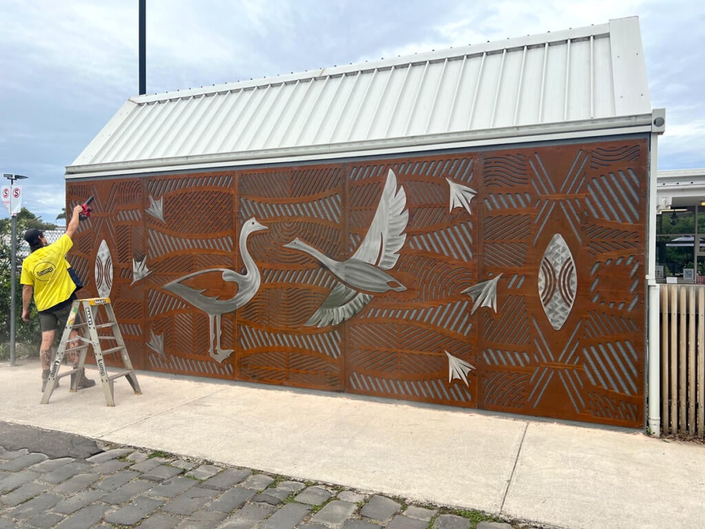 Public mural made from Corten Steel and Stainless Steel designed by Dixon Patten a Yorta Yorta, Gunnai, Gunditjmara, Wemba Wemba, Djab Wurrung man, the lead artist and designer of Bayila Creative. Fabricated and installed at Parkdale Pree School by Lump Sculpture Studio