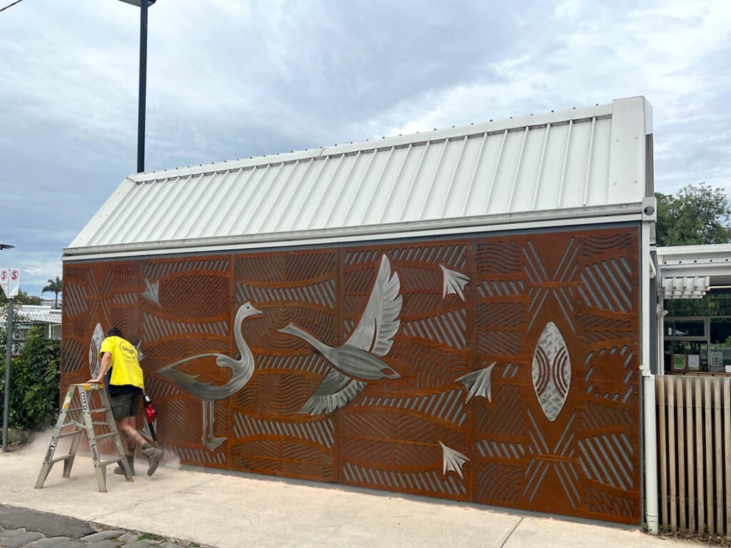 Public mural made from Corten Steel and Stainless Steel designed by Dixon Patten a Yorta Yorta, Gunnai, Gunditjmara, Wemba Wemba, Djab Wurrung man, the lead artist and designer of Bayila Creative. Fabricated and installed at Parkdale Pree School by Lump Sculpture Studio