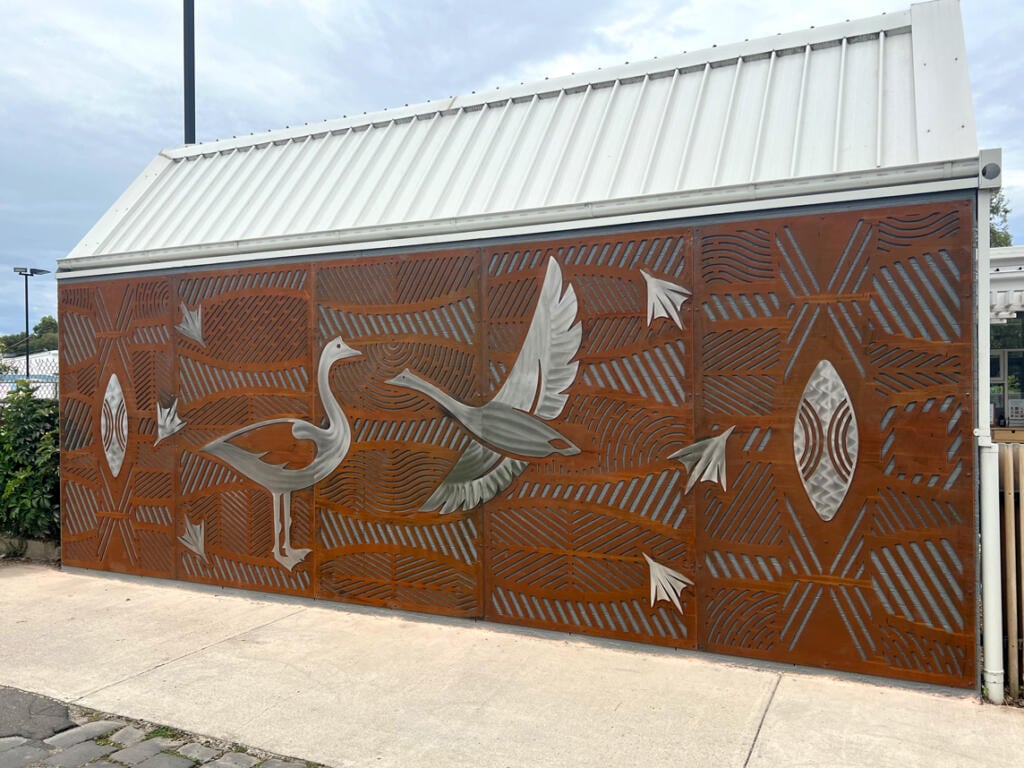 Public mural made from Corten Steel and Stainless Steel designed by Dixon Patten a Yorta Yorta, Gunnai, Gunditjmara, Wemba Wemba, Djab Wurrung man, the lead artist and designer of Bayila Creative. Fabricated and installed at Parkdale Pree School by Lump Sculpture Studio