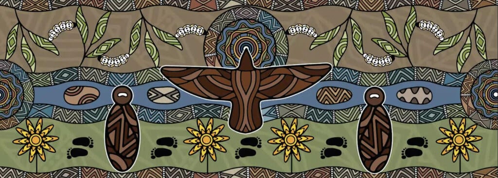 Mural made from perforated aluminium honouring the Wurundjeri People of the Kulin Nations representing children’s education and life's journey designed by Dixon Patten fabricated by Lump Studio installed at Preston South Primary School